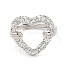 Clear Cubic Zirconia Hollow Heart Adjustable Ring, Brass Ring, Cadmium Free & Lead Free, Platinum, Inner Diameter: 15~23mm(RJEW-M148-04P)