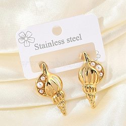 304 Stainless Steel Conch Stud Earrings, with Imitation Pearl, Real 18K Gold Plated, 34x16mm(EJEW-M073-13G-02)