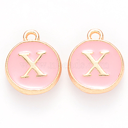 Golden Plated Alloy Enamel Charms, Cadmium Free & Lead Free, Enamelled Sequins, Flat Round with Letter, Pink, Letter.X, 14x12x2mm, Hole: 1.5mm(ENAM-S118-07X)