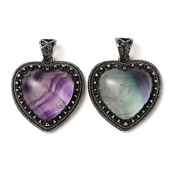 Natural Fluorite Pendants, Heart Charms, with Rack Plating Antique Silver Tone Brass Findings, Cadmium Free & Lead Free, 28.5x27x9mm, Hole: 7x5mm(G-A095-01AS-03)