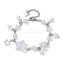 Alloy Star & Acrylic Heart Charm Bracelet, with Butterfly & Round Beaded Chains, Clear, 6-7/8 inch(17.5cm)(BJEW-JB09688)