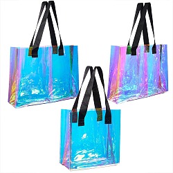 3Pcs 3 Style Rectangle Transparent Laser Plastic Hand Bags, for Shopping, Travel and Cosmetics Storage, Colorful, 24~34x20~40x0.7~1cm, 1pcs/style(ABAG-SZC0007-09)