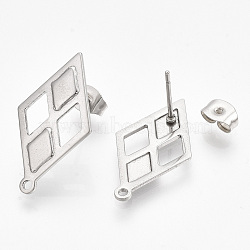 304 Stainless Steel Stud Earring Findings, with Ear Nuts/Earring Backs, Rhombus, Stainless Steel Color, 24x13.5mm, Hole: 1.2mm, Side Length: 12mm, Pin: 0.7mm(STAS-S079-59B)