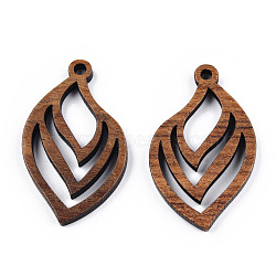 Natural Walnut Wood Pendants, Undyed, Hollow Leaf Charm, Camel, 30.5x18x2.5mm, Hole: 1.8mm(WOOD-T023-17)