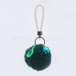 Pom Pom Ball Keychain, with PU Leather Cord, Alloy Lobster Claw Clasp and Iron Findings, Dark Sea Green, 180~190mm(KEYC-I018-06K)