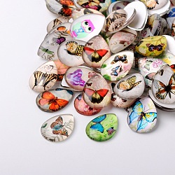 Butterfly Printed Glass Cabochons, Flat Teardrop, Mixed Color, 25x18x5mm(GGLA-N002-18x25-C)