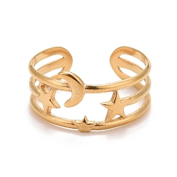 Ion Plating(IP) 304 Stainless Steel Star and Moon Open Cuff Ring for Women, Golden, US Size 8 3/4(18.7mm)(RJEW-A005-26G)