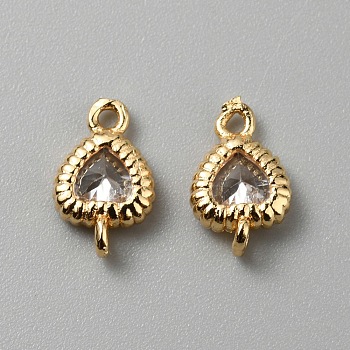 Brass Pave Clear Cubic Zirconia Connector Charms, Geometric Links, Golden, Heart, 9x5.5x2.5mm, Hole: 0.8mm