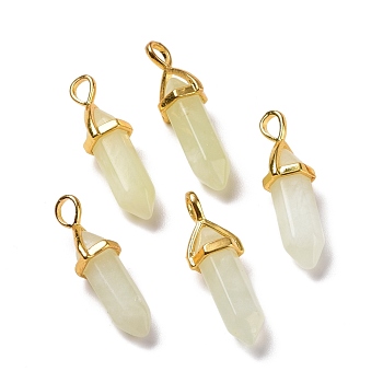 Natural New Jade Pendants, Faceted, with Golden Tone Brass Findings, Lead free & Cadmium Free, Bullet, 27~30x9~10x7~8mm, Hole: 4x3mm