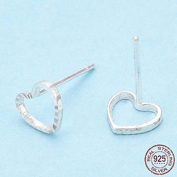925 Sterling Silver Hollow Heart Stud Earrings, with S925 Stamp, Silver, 6.2x7mm, Pin: 0.8mm