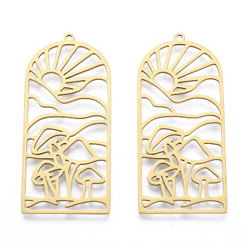 201 Stainless Steel Pendants, Arch Charm with Sun & Mushroom, Real 18K Gold Plated, 48.5x22x1mm, Hole: 1.5mm