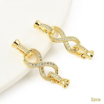 2Pcs Brass Micro Pave Clear Cubic Zirconia Fold Over Clasps, Infinity, Real 18K Gold Plated, 39mm