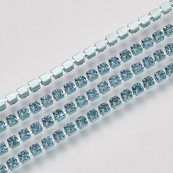 Electrophoresis Iron Rhinestone Strass Chains, Rhinestone Cup Chains, with Spool, Aquamarine, SS12, 3~3.2mm, about 10yards/roll
