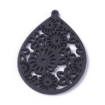 Wood Pendants, Dyed, Teardrop with Flower, Black, 50.5x38x1.5mm, Hole: 1.4mm