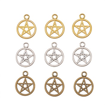 Tibetan Style Hollow Metal Alloy Pendants, Cadmium Free & Lead Free, Flat Round with Pentacle, Mixed Color, 26.5x21x2mm, Hole: 2mm, 3 colors, 10pcs/color, 30pcs/box