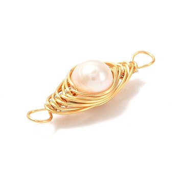 Natural Cultured Freshwater Pearl Beads Links Connectors, with Real 18K Gold Plated Eco-Friendly Copper Wire, Round, White, 23.5~24x7.5~8x7.5mm, Hole: 3mm