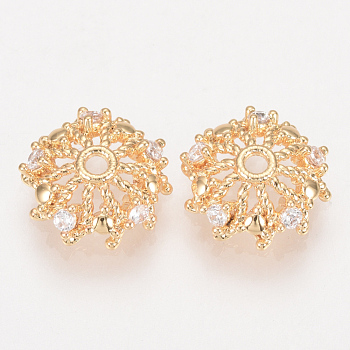 Brass Fancy Bead Caps, with Cubic Zirconia, Nickel Free, Real 18K Gold Plated, Flower, Golden, 10x3mm, Hole: 1mm
