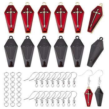 CHGCRAFT DIY Coffin with Cross Drop Earring Making Kit for Halloween, Including Alloy Enamel Pendants, Brass Earring Hooks, Iron Jump Rings, Mixed Color, 200pcs/box