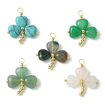 Saint Patrick's Day Natural & Synthetic Mixed Gemstone Pendants, Clover Charms with Golden Plated Brass Findings, Mixed Dyed and Undyed, 29~29.5x25~26x5~5.5mm, Hole: 3.2~3.8mm