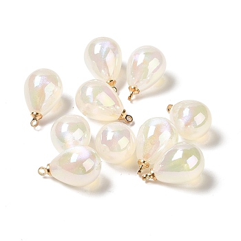 UV Plating Acrylic Pendants, with Light Gold Tone Brass Findings, Teardrop Charm, White, 19.5x12mm, Hole: 1.6mm