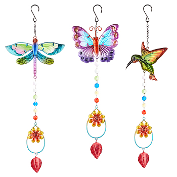 3Pcs 3 Style Iron Hummingbird Butterfly Dragonfly Pendant Decorations, Hanging Suncatchers, with Glass Octagon Links and Leaf/Teardrop Charm, for Garden Decor, Mixed Color, 454~523mm, 1pc/style
