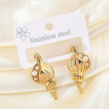 304 Stainless Steel Conch Stud Earrings, with Imitation Pearl, Real 18K Gold Plated, 34x16mm