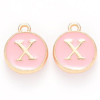 Golden Plated Alloy Enamel Charms, Cadmium Free & Lead Free, Enamelled Sequins, Flat Round with Letter, Pink, Letter.X, 14x12x2mm, Hole: 1.5mm