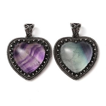 Natural Fluorite Pendants, Heart Charms, with Rack Plating Antique Silver Tone Brass Findings, Cadmium Free & Lead Free, 28.5x27x9mm, Hole: 7x5mm