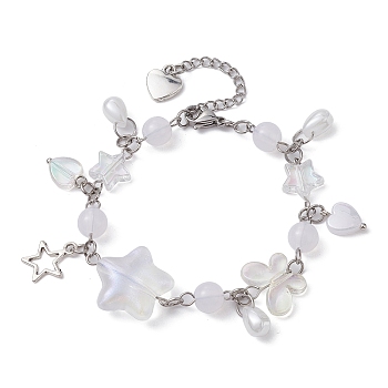 Alloy Star & Acrylic Heart Charm Bracelet, with Butterfly & Round Beaded Chains, Clear, 6-7/8 inch(17.5cm)
