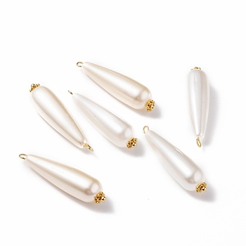 Acrylic Imitation Pearl Pendants, with Flower Daisy Spacer Beads & Brass Ball Head Pins, Golden, Teardrop, Old Lace & White, 35x8.5mm, Hole: 2mm