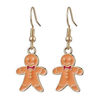Christmas Theme Alloy Enamel Dangle Earrings, 304 Stainless Steel Earrings for Women, Gingerbread Man, 37x14mm