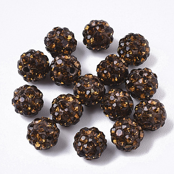 Pave Disco Ball Beads, Polymer Clay Pave Rhinestone Beads, Round, Half Drilled, Smoked Topaz, PP15(2.1~2.2mm), 4 Rows Rhinestone, 6.5mm, Half Hole: 1mm