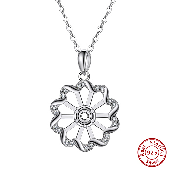 925 Sterling Silver Pendant Cabochon Setting Micro Pave Clear Cubic Zirconia, Flower, Real Platinum Plated, 19.5x16.5x3mm, Hole: 4x2.5mm and 1.5mm, Tray: 3.5mm