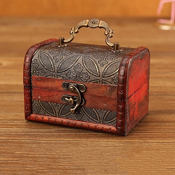 Wooden Portable Storage Boxes, with Iron Clasps & Iron Handle, Rectangle, FireBrick, Leaf, 12x8x8.5cm, Inner diameter: 10.8x6.5x7.5cm