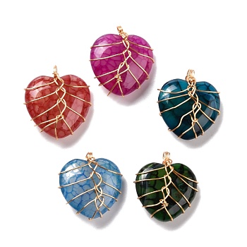 Natural Agate Pendants, with Real 18K Gold Plated Tone Brass Wire Wrapped, Dyed, Heart with Dragon Veins Pattern, Mixed Color, 21.7x20.5x8.3mm, Hole: 3mm