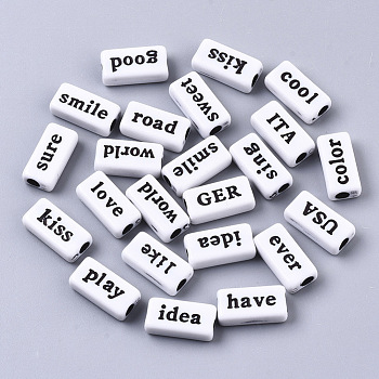 Opaque Acrylic Beads, with Enamel, Rectangle with Words, Black, White, 15x7.5x5mm, Hole: 3mm