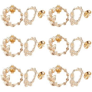 12Pcs Brass Stud Earring Findings, Earring Settings for Rhinestone, Olive Branch, with 12Pcs Ear Nuts, Real 18K Gold Plated, 13.5x14.5mm, Pin: 0.9mm, Fit for 1mm in Rhinestone