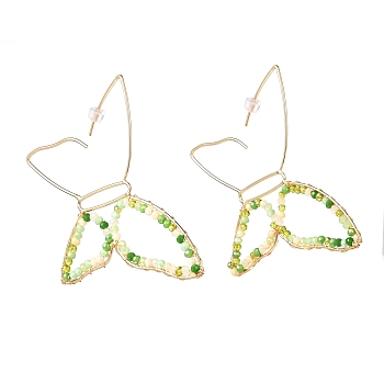 Butterfly Glass Beads Dangle Earrings for Girl Women, Brass Wire Wrapped Earrings, Golden, Light Green, 72x78x3mm, Pin: 0.8mm