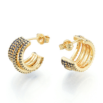 Cubic Zirconia Multi Circle Stud Earrings, Real 18K Gold Plated Brass Half Hoop Earrings for Women, Nickel Free, Medium Blue, 18.5x15x9mm, Pin: 0.8mm