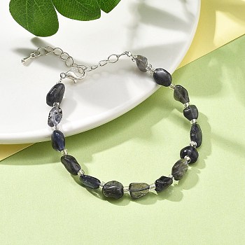 Natural Iolite Beads Bracelets for Women, with Silver Alloy Lobster Claw Clasps & Iron Chains & Glass Seed, 6-5/8~7-1/2 inch(16.7~19cm)