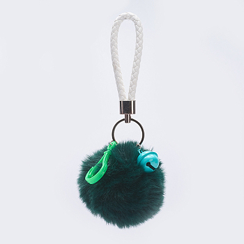 Pom Pom Ball Keychain, with PU Leather Cord, Alloy Lobster Claw Clasp and Iron Findings, Dark Sea Green, 180~190mm