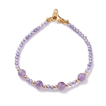 Natural Amethyst Beaded Bracelets, with Cubic Zirconia Beads & Brass Beads, 7-5/8 inch(19.5cm)