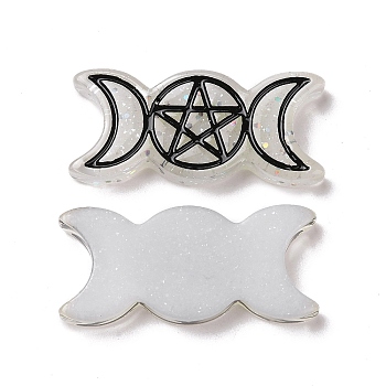 Resin Cabochons, with Glitter Powder, Religion, Triple Moon Goddess, White, 32.5x15x4.5mm