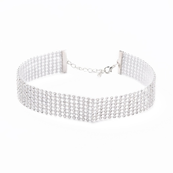 7 Row Crystal Rhinestone Choker Necklace, Wide Rhinestone Necklace for Women, Platinum, 12.4 inch(31.5cm)