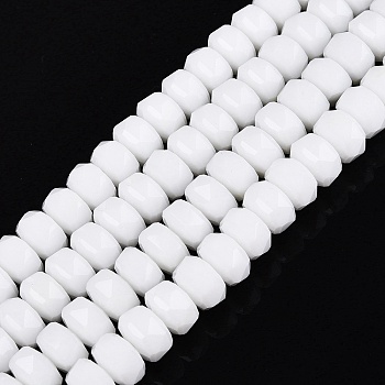 Opaque Glass Beads Strands, Rondelle, Faceted, White, 7.5~8x5mm, Hole: 1~1.2mm, about 77~81pcs/strand, 14.96~17.32 inch(38~44cm)