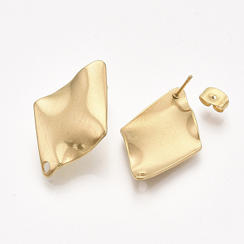 304 Stainless Steel Stud Earring Findings, with Ear Nuts/Earring Backs, Rhombus, Golden, 28x18mm, Hole: 1.8mm, Side Length: 16.5mm, Pin: 0.7mm