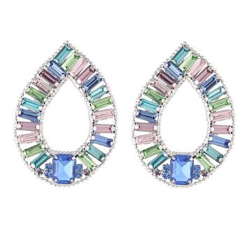 Glass Hollow Out Teardrop Stud Earrings, Brass Jewelry, Colorful, 49.5x36.5mm, Pin: 0.6mm