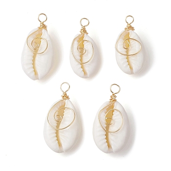 5Pcs Natural Cowrie Shell Copper Wire Wrapped Vortex Pendants, Light Gold, Shell Charms, Snow, 20~23x10.5~13x6.5~9mm, Hole: 2.5mm