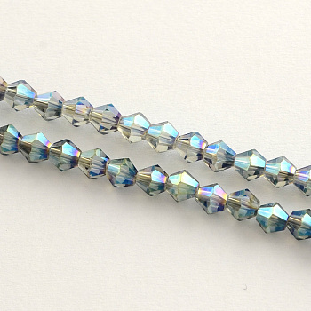 Electroplate Glass Bead Strands, Rainbow Plated, Faceted Bicone, Medium Sea Green, 4x4.5mm, Hole: 1mm, 92~96pcs/strand, 13.78~14.37 inch