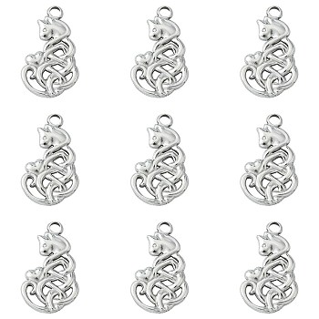 10Pcs 201 Stainless Steel Pendants, Cat with Heart Charm, Stainless Steel Color, 23x14x3mm, Hole: 2mm